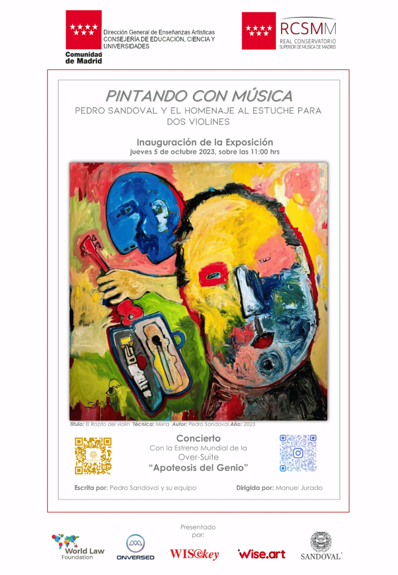 Cartel del evento Pintando con musica. Pedro Sandoval y el homenaje al estuche para dos violines